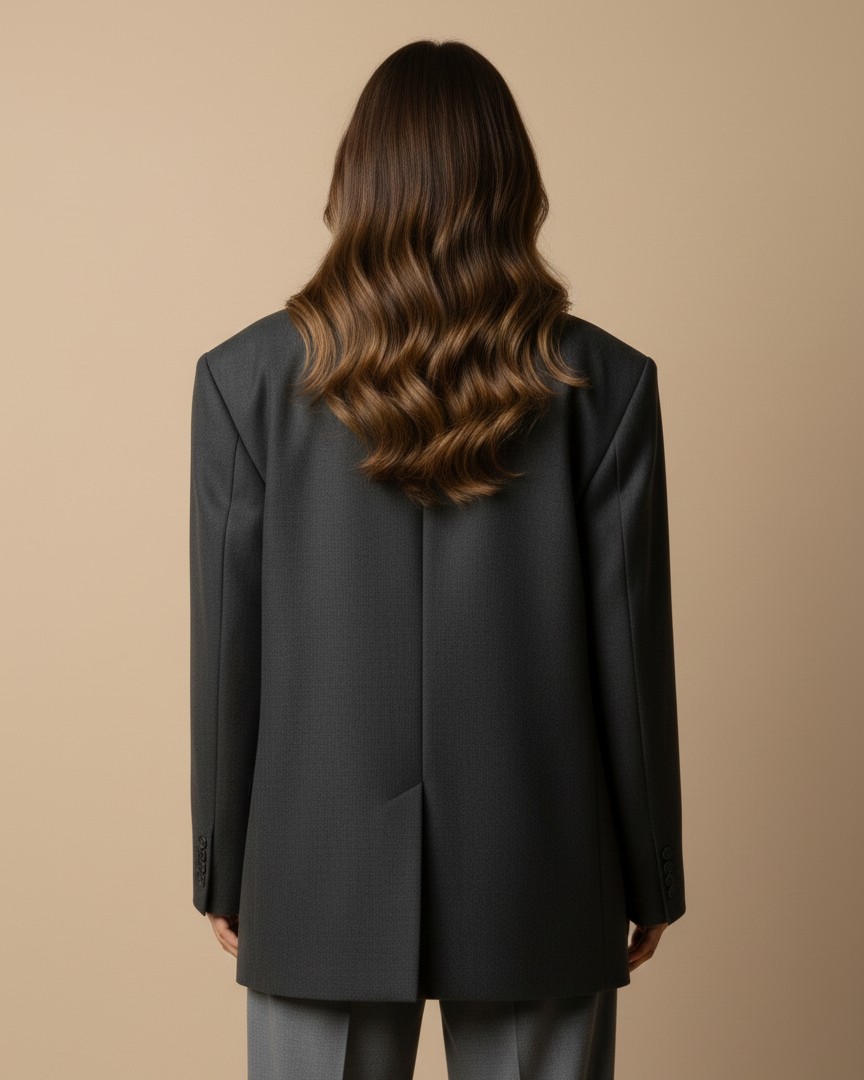 Person wearing a black coat on a beige background