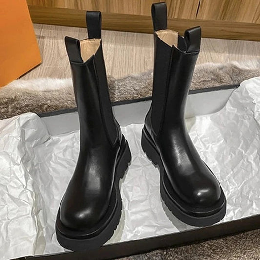 Chic Mid-Calf Leather Boots for Women | Genuine Black Leather, Chunky Sole 1