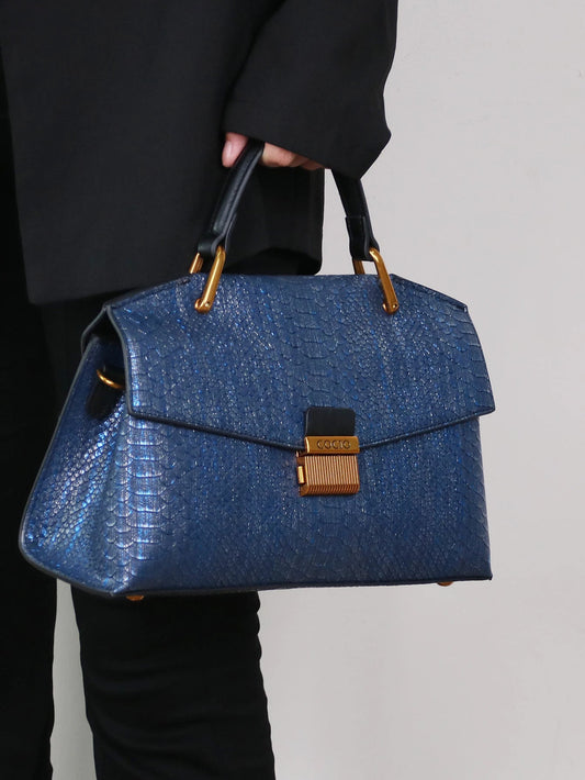 Chic Vegan Leather Bag | Embossed Snake Print, Royal Blue Elegance 1