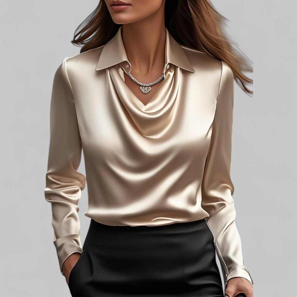 Draped Neck Silk Blouse | Women's Long Sleeve Top, Elegant Plus Size Available 9