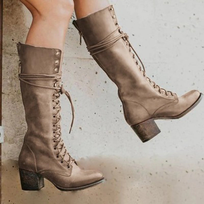 Elegant Lace-Up Knee High Boots for Women | Premium Leather, Block Heel 4