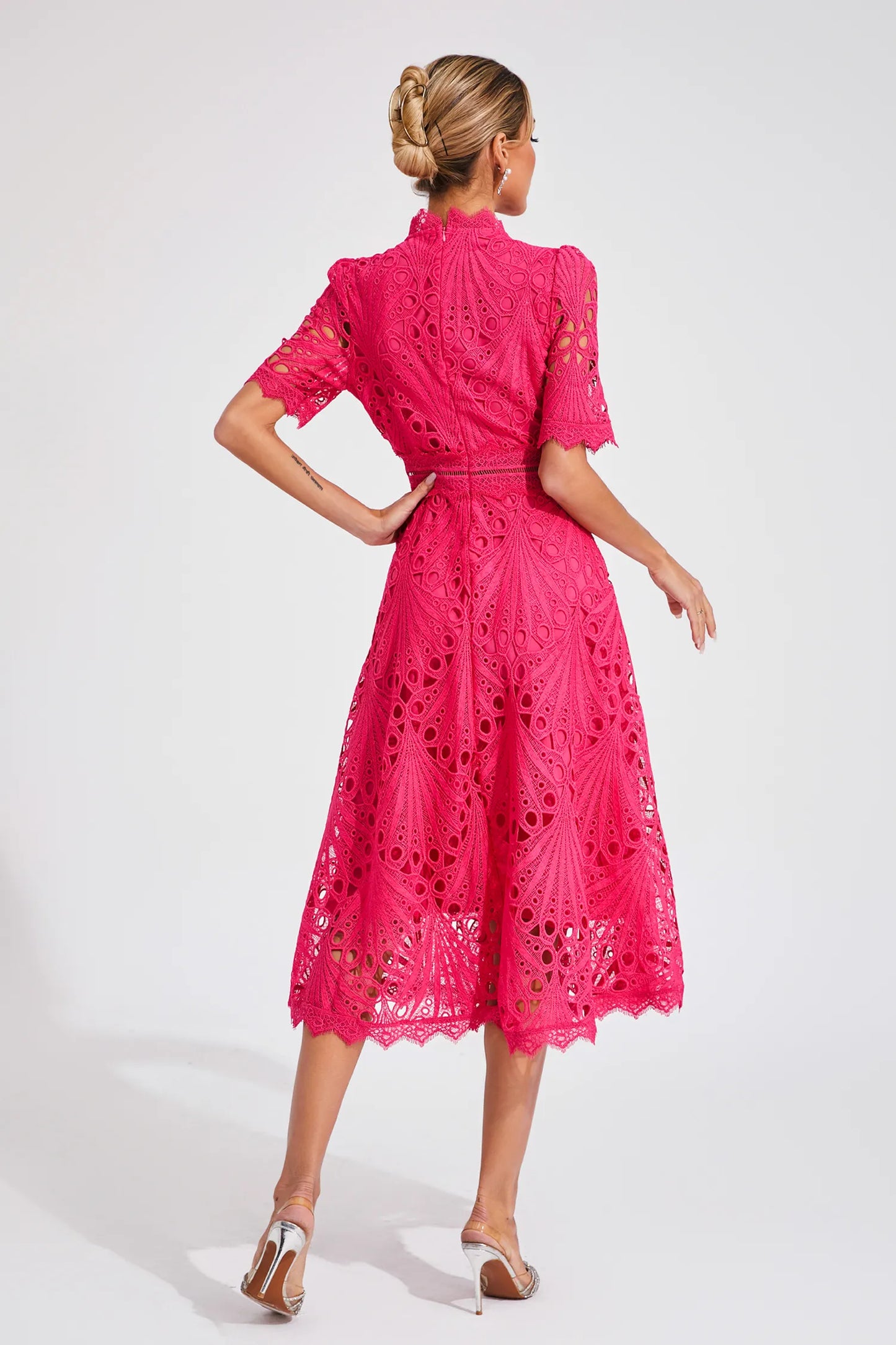 Elodie | High-Neck Lace Fitted Midi Dress — Velouze