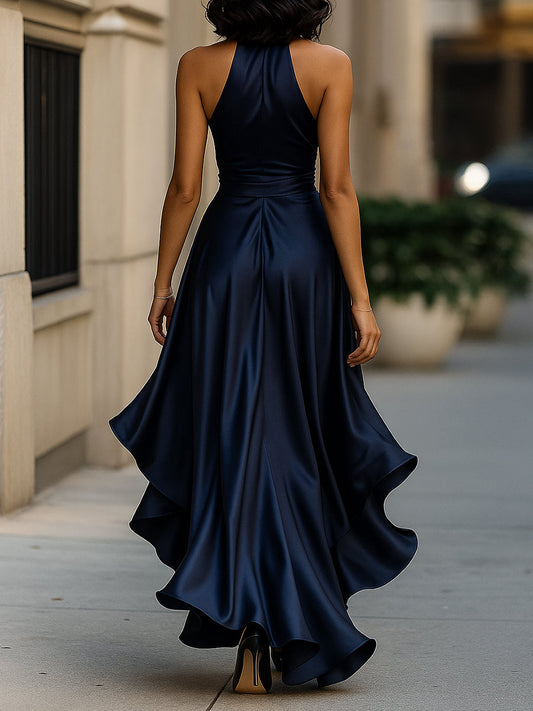 Navy Satin Evening Gown | Halter Neck, High-Low Hemline with Ruffles 1