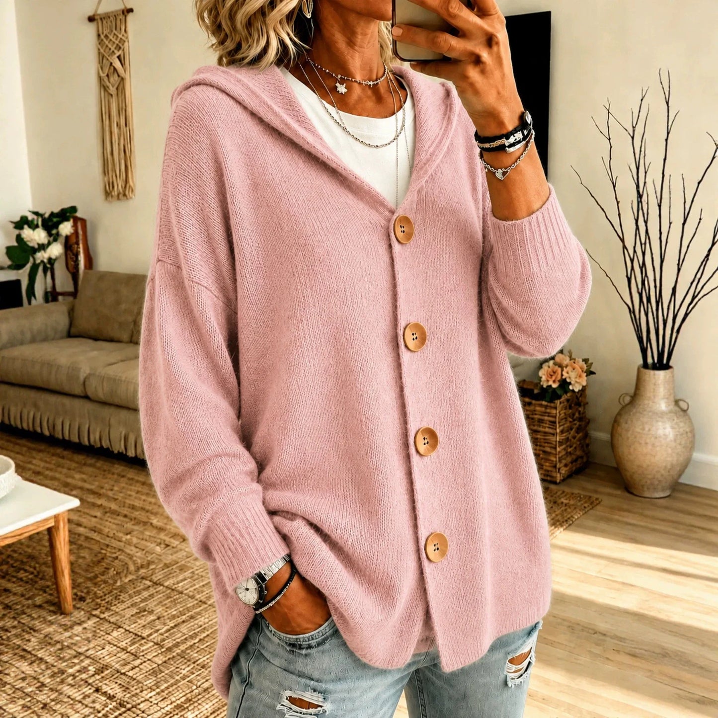 Mila Hooded Wooden-Button in Blue – Women's Cardigan