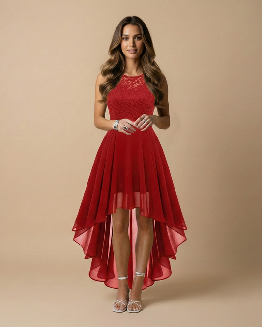 Woman wearing a red dress on a beige background