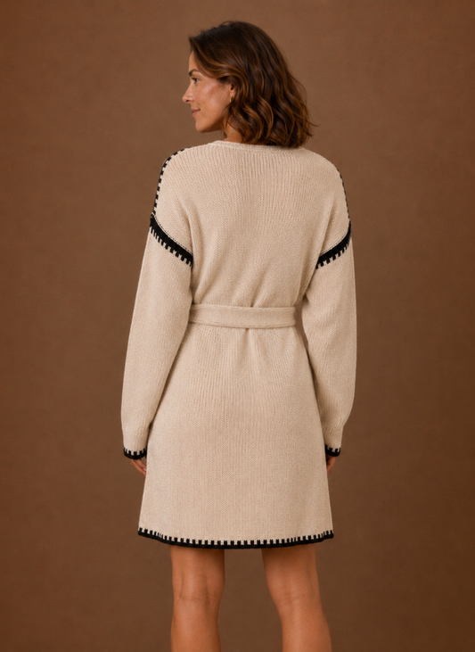 Ondine V-Neck Waist Belt – Women's Midi Dress in Beige