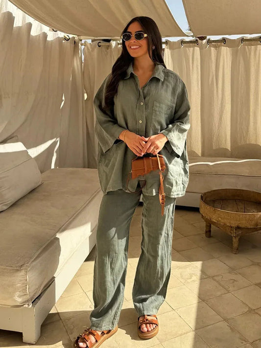 Women's breathable cotton-linen two piece set | Relaxed button shirt and wide-leg trousers 1