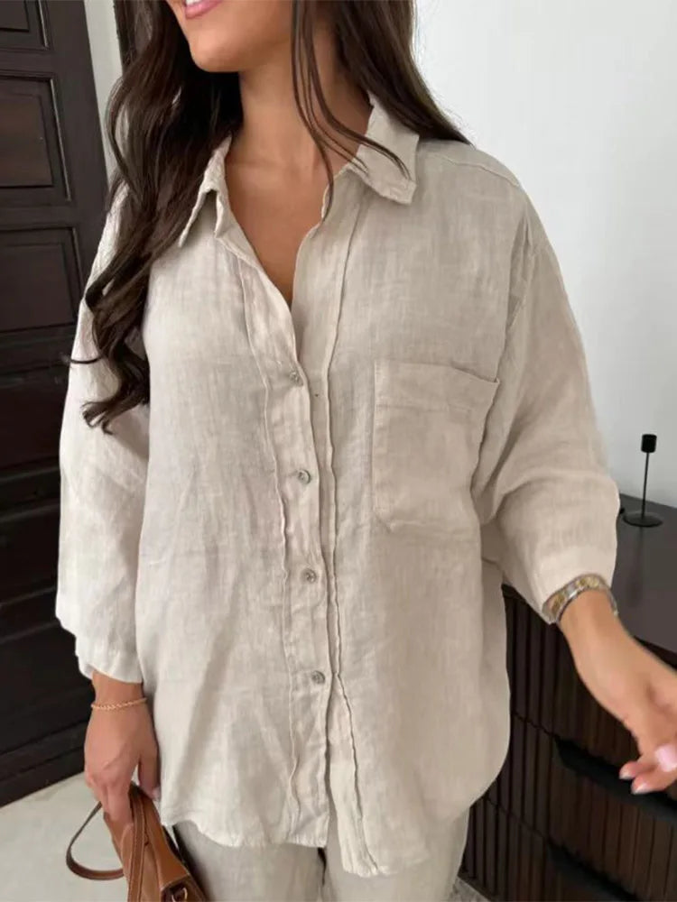 Women's breathable cotton-linen two piece set | Relaxed button shirt and wide-leg trousers 12