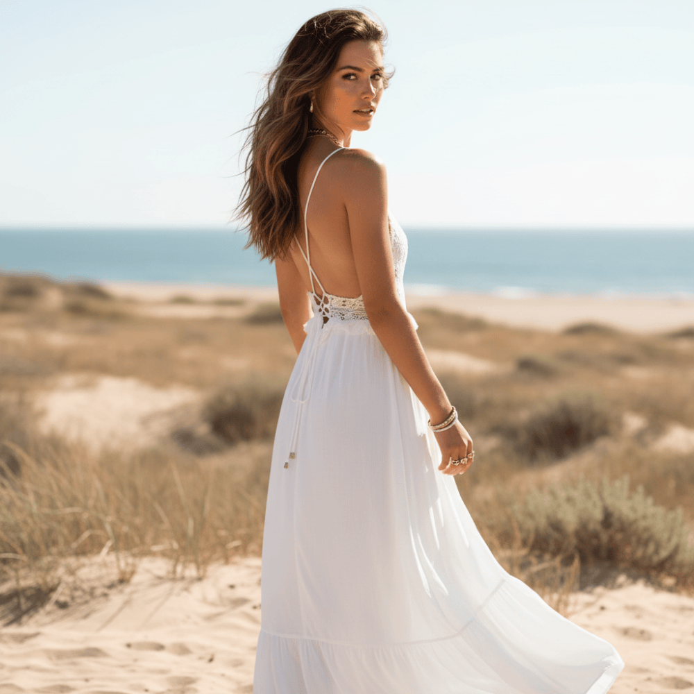Women's cotton blend strapless summer dress | Elegant boho lace midi dress 1