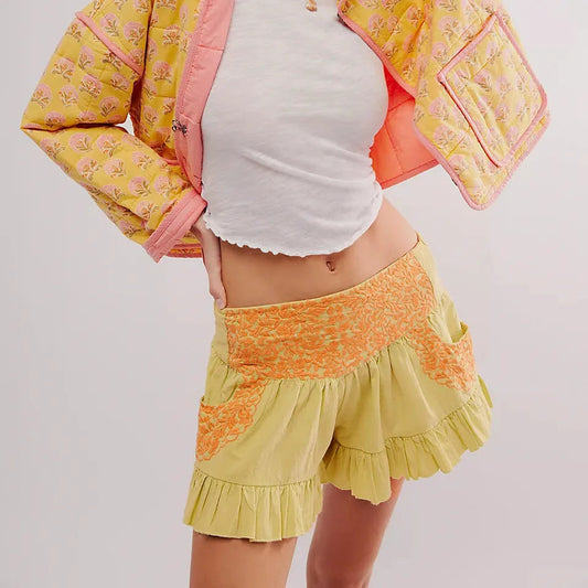 Women's cotton high-waisted ruffle pocket shorts | Vintage wide-leg summer beach shorts 1