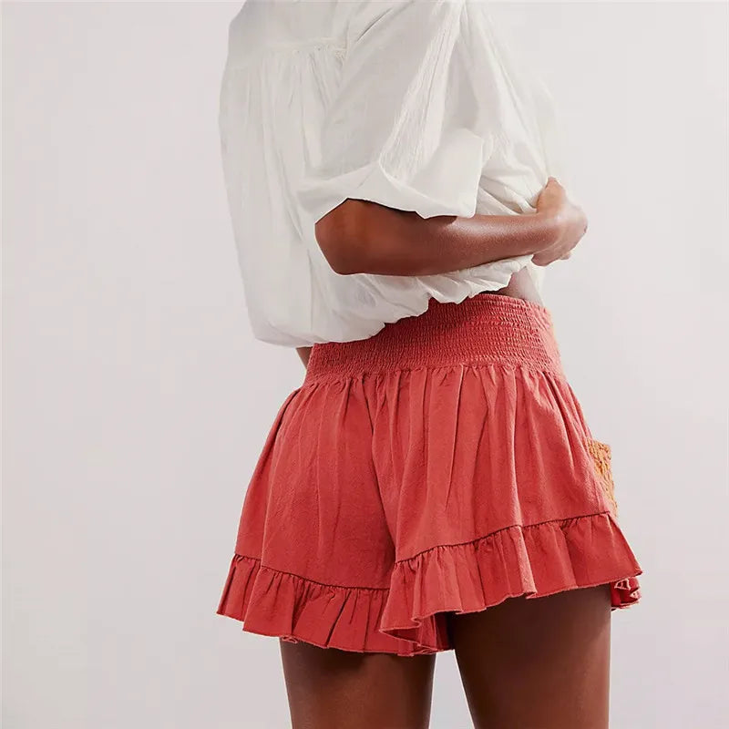 Women's cotton high-waisted ruffle pocket shorts | Vintage wide-leg summer beach shorts 8