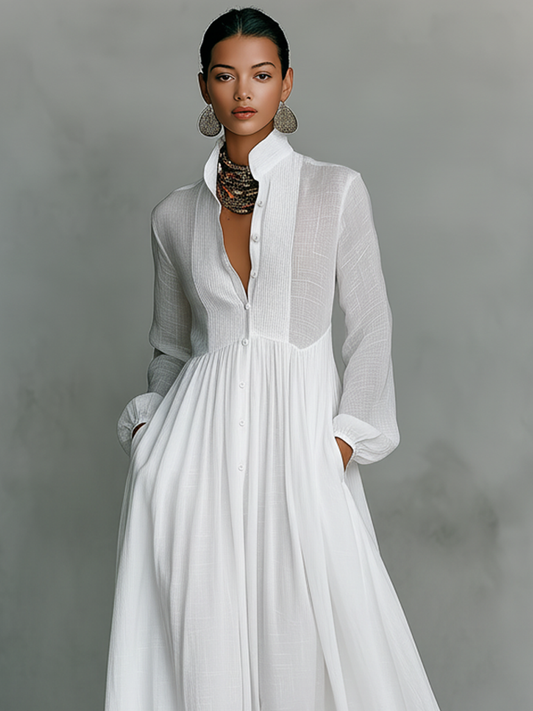 Women's cotton linen patchwork maxi dress | Elegant long-sleeve summer dress 1