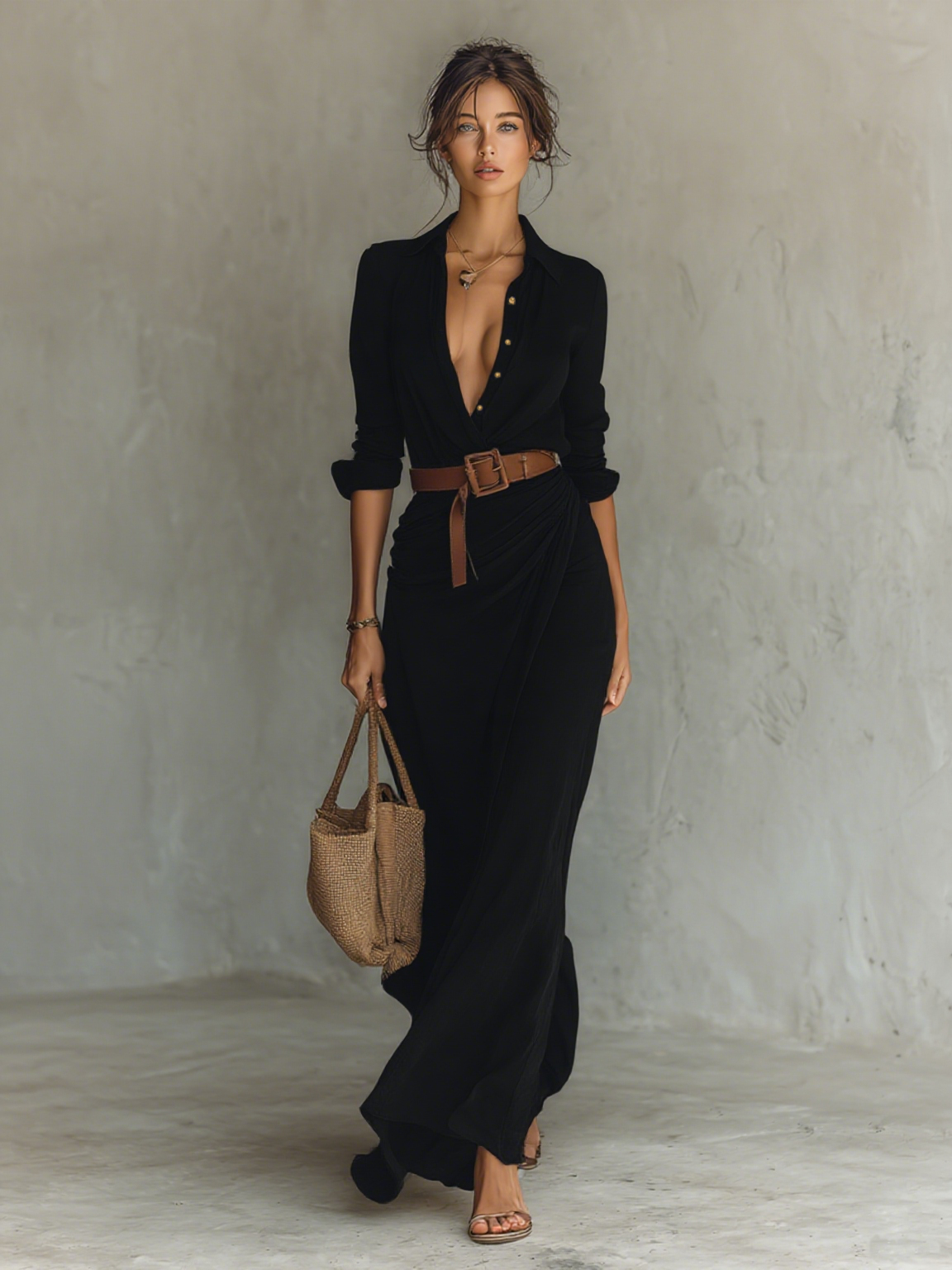 Women's cotton tencel blend belted maxi dress | Elegant long sleeve formal dress 6