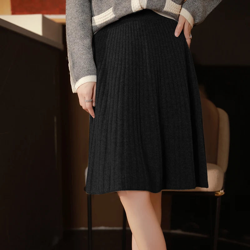 Women's cozy brushed wool midi skirt | High-waist pleated design for versatile styling 4