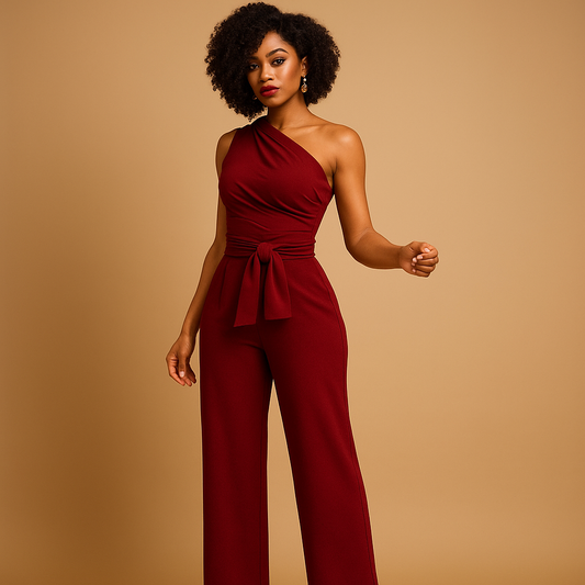 Women's elegant black jumpsuit | One-shoulder wide-leg summer outfit 1