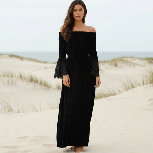 Women's elegant lace white maxi dress | Off-shoulder summer beach gown 1