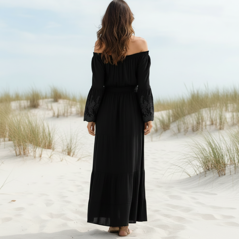 Women's elegant lace white maxi dress | Off-shoulder summer beach gown 3