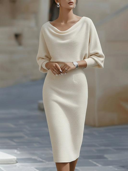 Women's elegant white draped midi dress | Sophisticated batwing sleeve formal dress 1