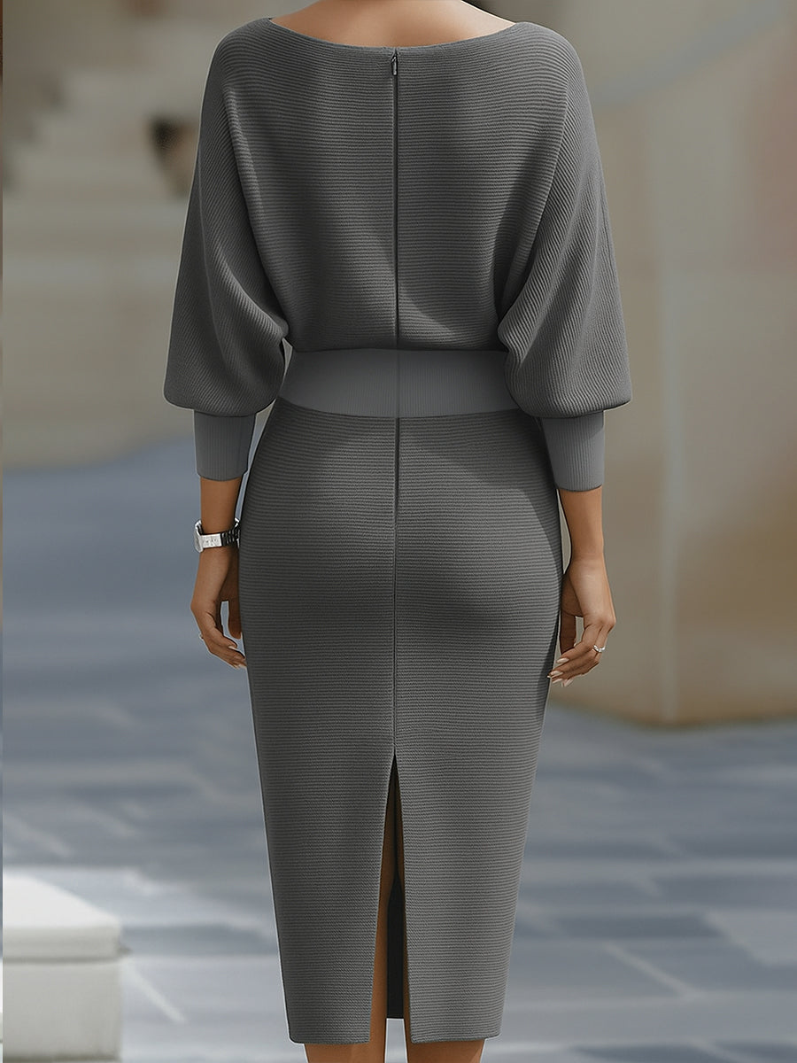 Women's elegant white draped midi dress | Sophisticated batwing sleeve formal dress 8