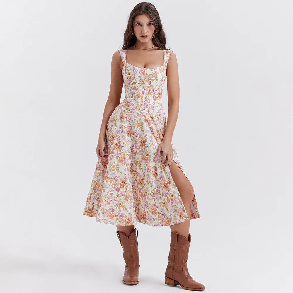 Women's floral cotton midi dress | Elegant summer cocktail dress with high slit 9