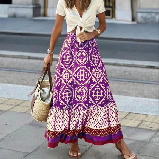 Women's floral print lightweight maxi skirt | High-waisted summer A-line dress