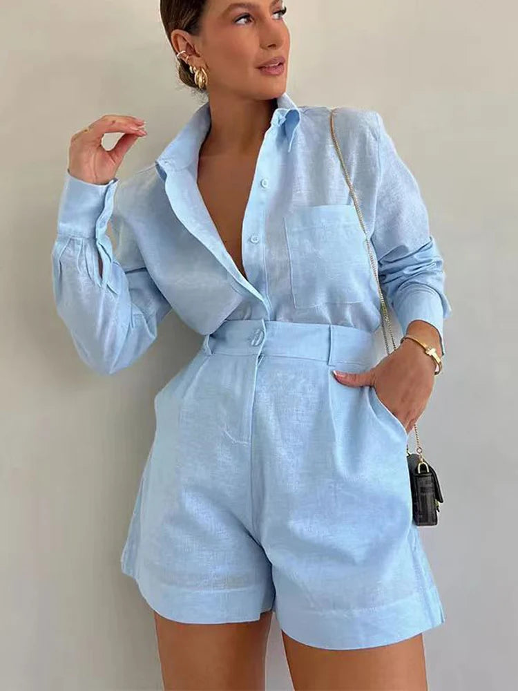 Women's lightweight cotton summer resort set | Relaxed button-up shirt and cuffed shorts co-ord outfit 8