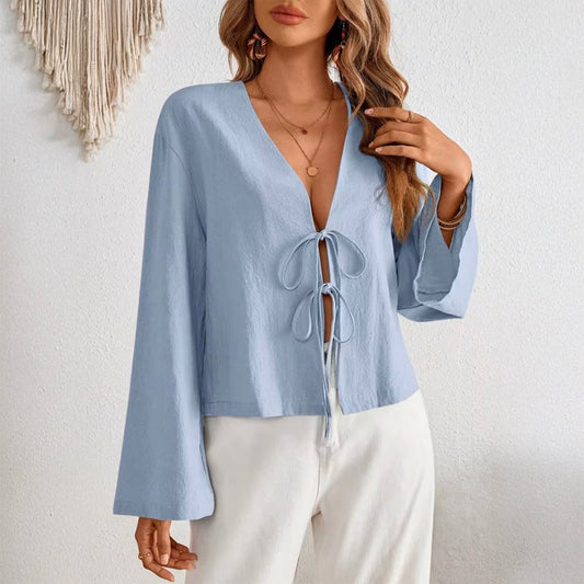 Women's lightweight polyester blend blouse | Flared sleeve summer top with tie-front detail 1