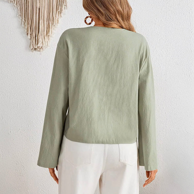 Women's lightweight polyester blend blouse | Flared sleeve summer top with tie-front detail 4