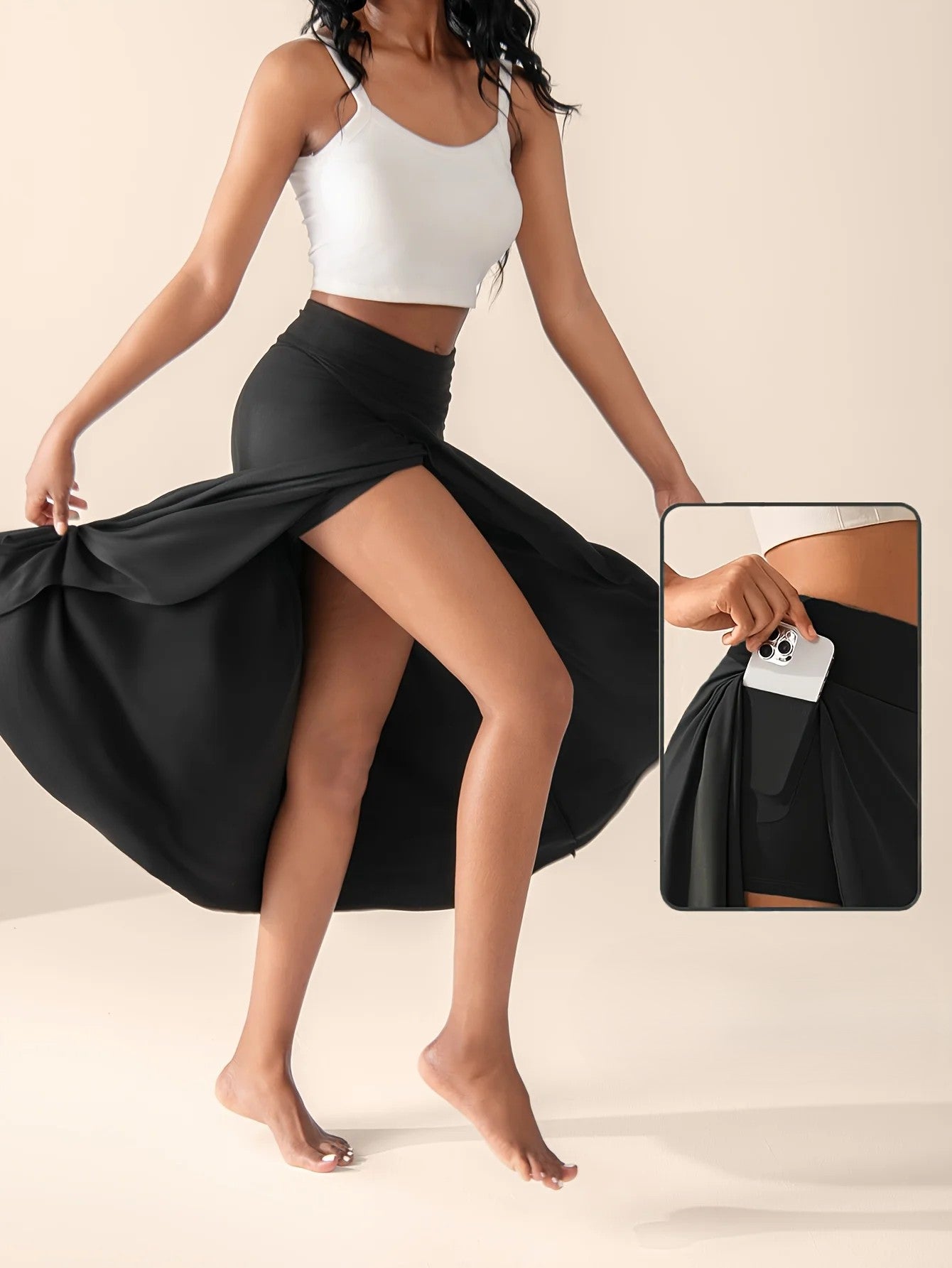 Women's lightweight stretch midi skirt | Asymmetrical flared wrap with built-in culottes 5