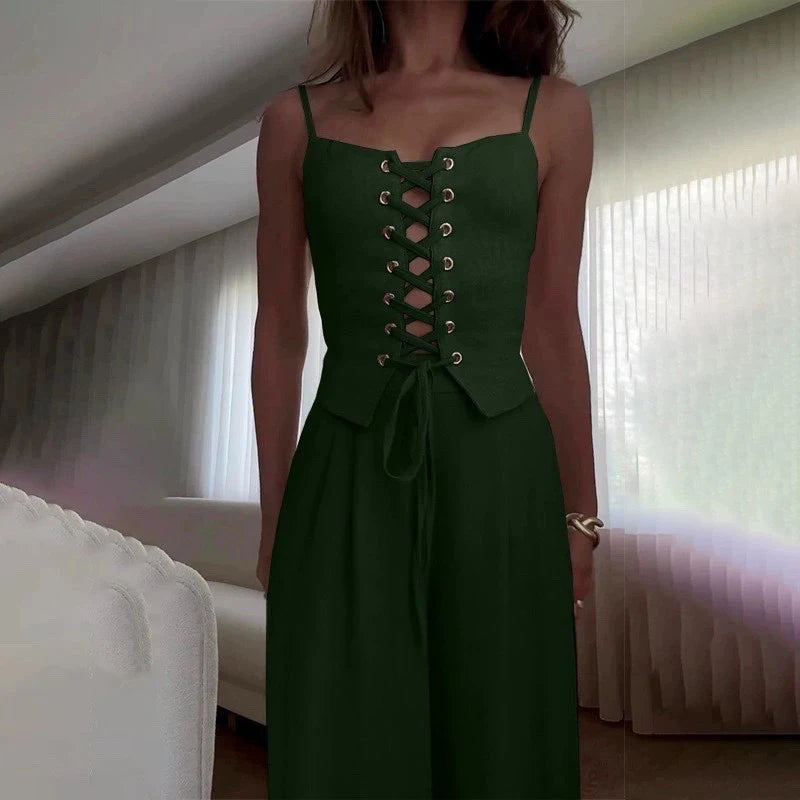 Women's linen blend lace-up top and wide leg pants set | Chic summer outfit 5