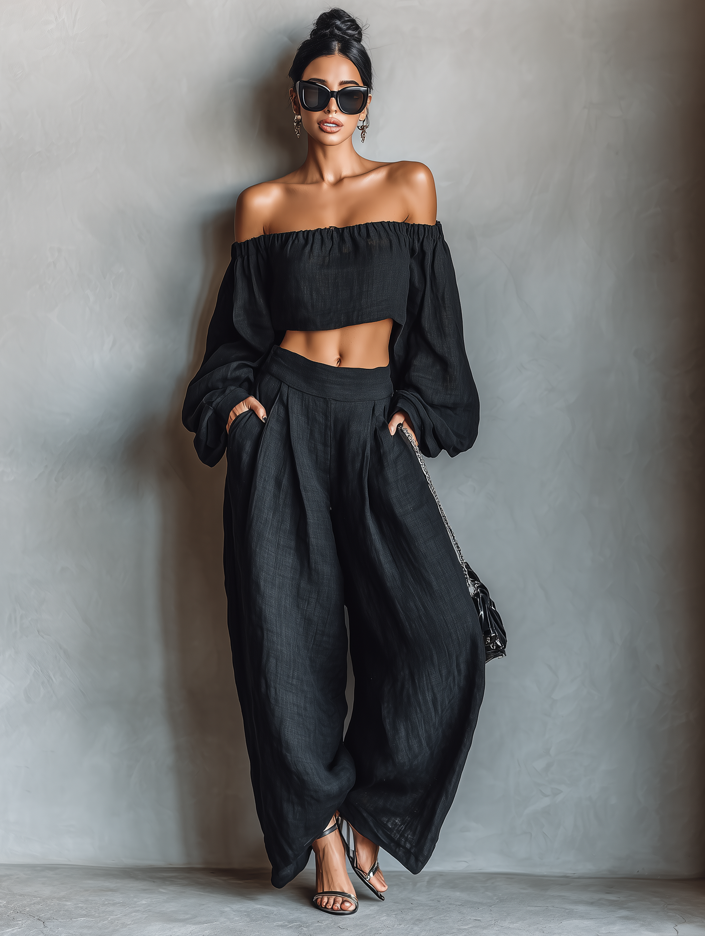 Women's linen blend strapless blouse and wide-leg pants set | Elegant summer two-piece outfit 7