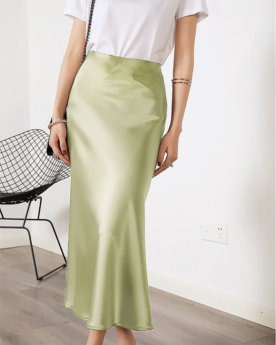 Women's luxurious silk midi skirt | Elegant high-waisted plus-size A-line fashion 17