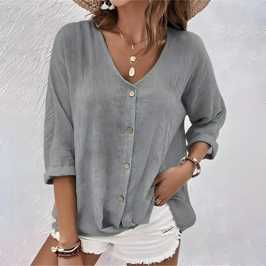 Women's relaxed cotton blouse | Casual V-neck summer top with roll sleeves 1