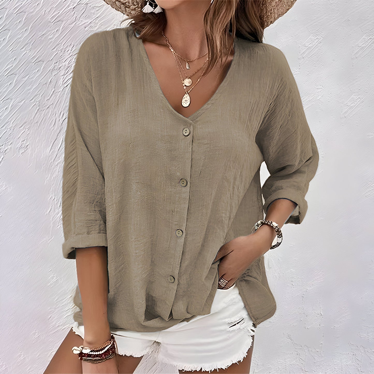 Women's relaxed cotton blouse | Casual V-neck summer top with roll sleeves 6