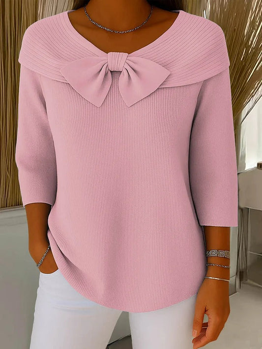 Lucienne Bow Detail Ribbed Knit – Women's Sweater in Blue