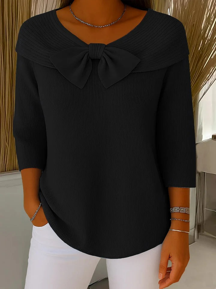 Lucienne Bow Detail Ribbed Knit – Women's Sweater in Blue