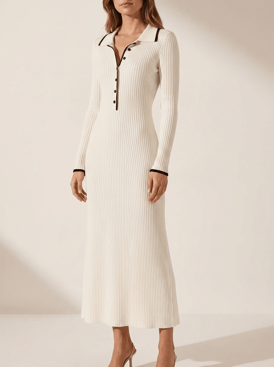 Rosamund Ribbed Button Detail – Women's Midi Dress in Beige