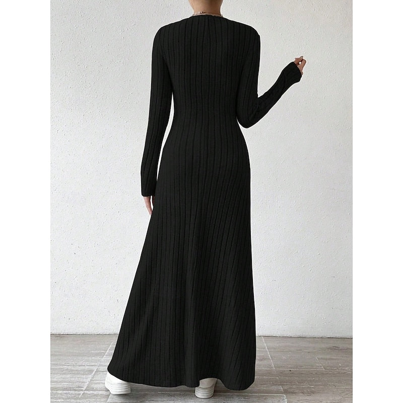 Sabine Ribbed Long-Sleeve in Gray – Women's Maxi Dress