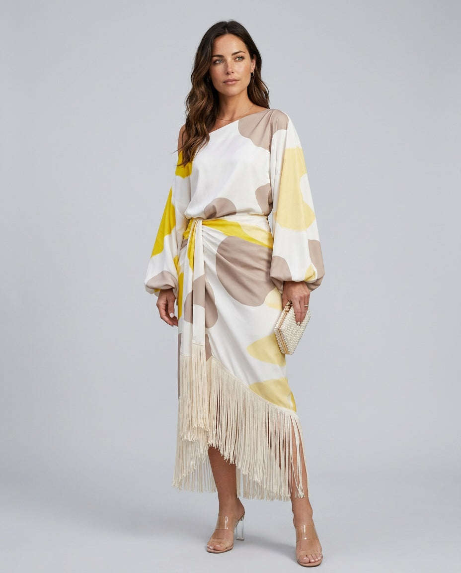 Fern | Abstract Print Fringe Hem Midi Dress — Velouze