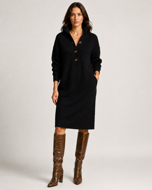 Clementine Collared Ribbed Knit – Women's Midi Dress in Khaki