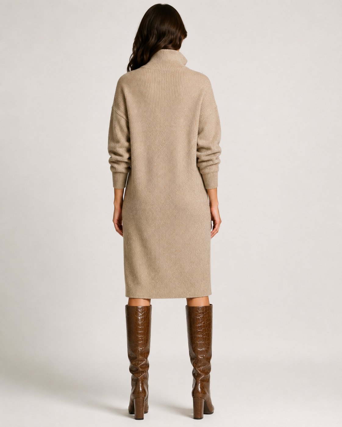 Clementine Collared Ribbed Knit – Women's Midi Dress in Khaki
