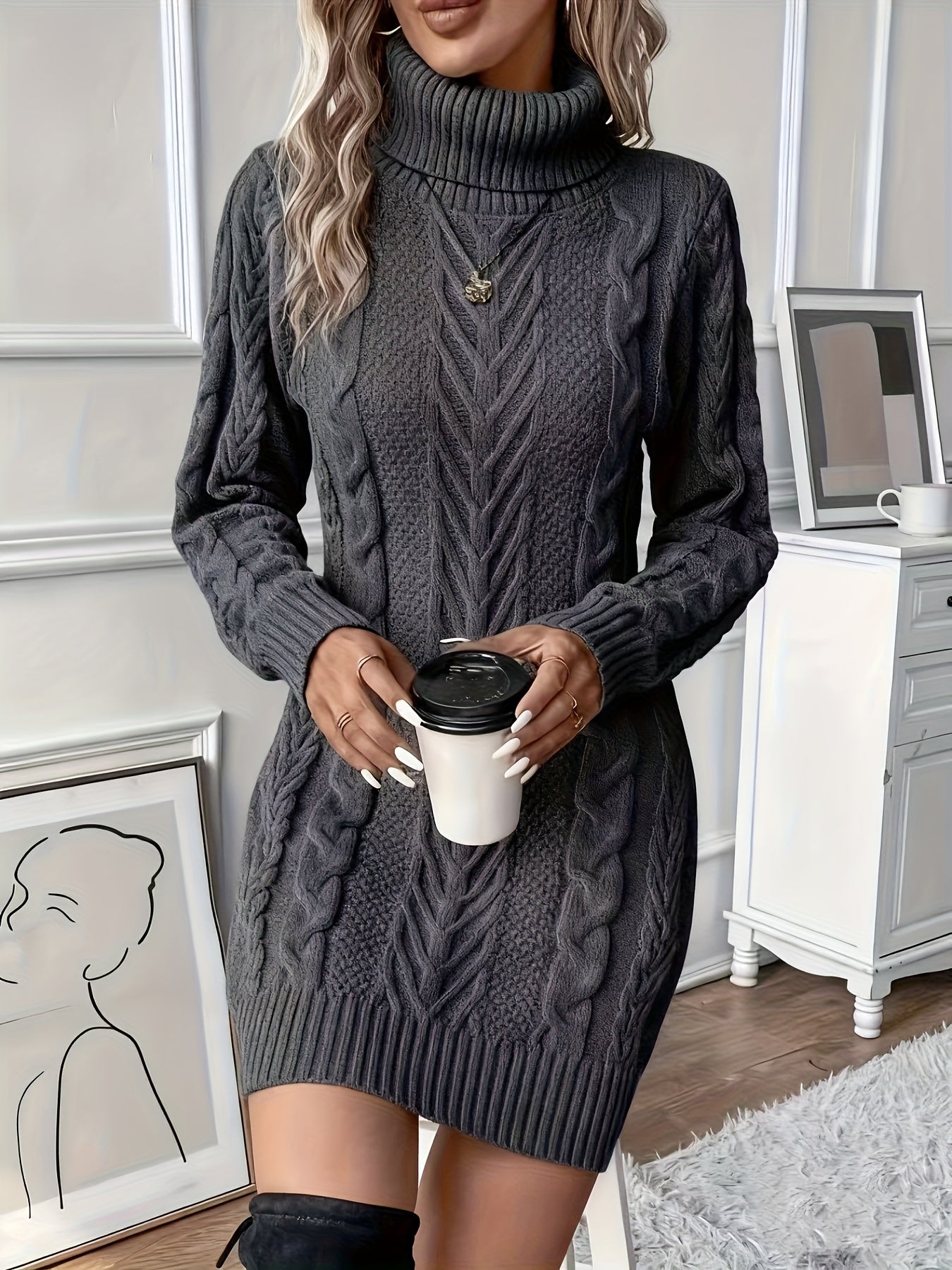Margaux Ribbed Cable Knit – Women's Midi Dress in Khaki