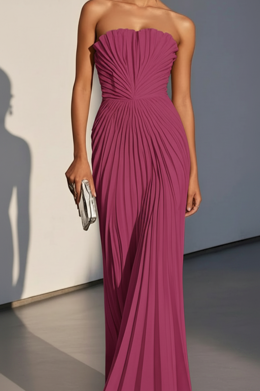 Aurelie Strapless Pleated A-Line in Burgundy – Women's Maxi Dress