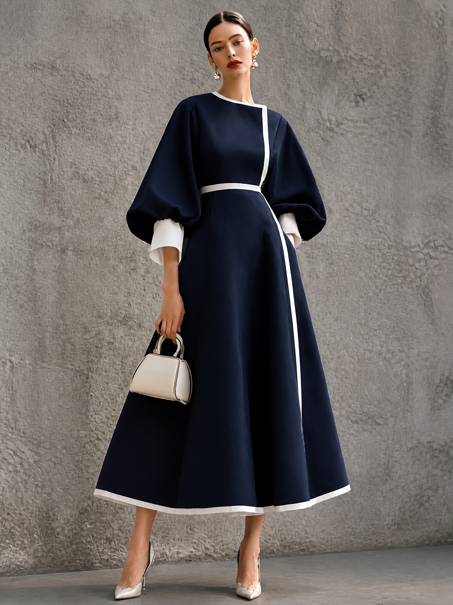 Romy Colorblock Puff Sleeve – Women's Maxi Dress in Blue