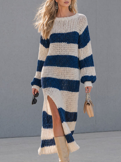 Junie Crew Neck Striped Knit – Women's Midi Dress in Blue And White