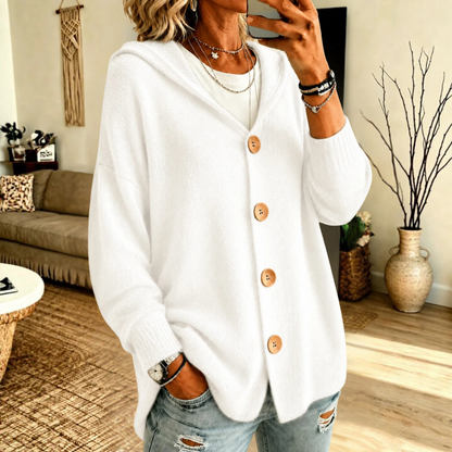 Mila Hooded Wooden-Button in Black – Women's Cardigan
