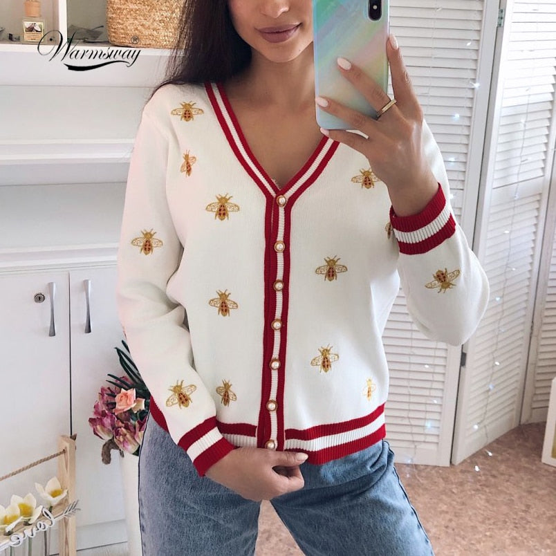 Ondine Embroidered V-Neck Cardigan – Women's Cardigan in White