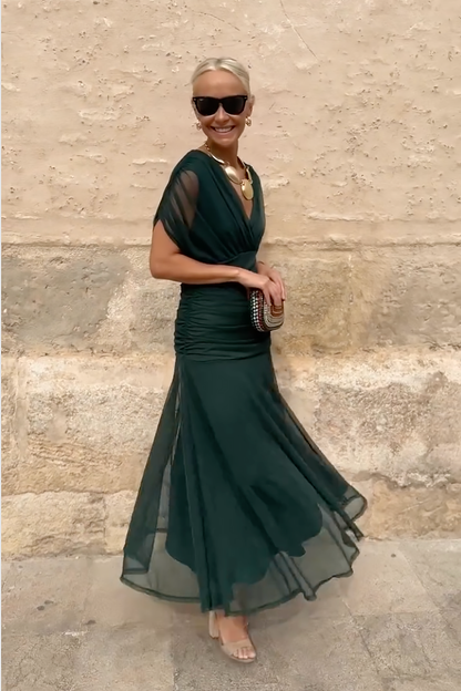 Rosalind | Draped V-Neck Ruched Maxi Dress — Velouze