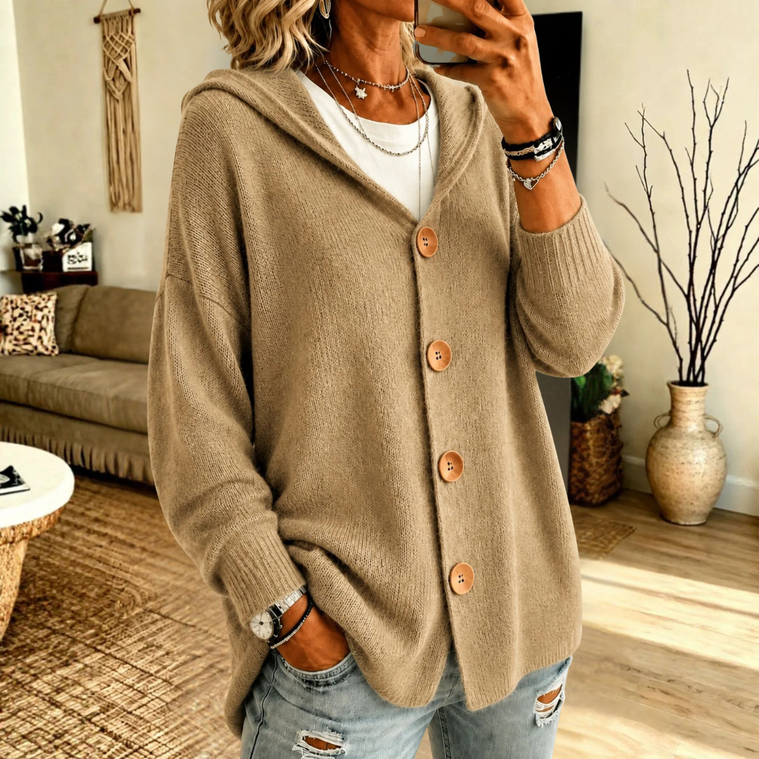 Mila Hooded Wooden-Button in Black – Women's Cardigan