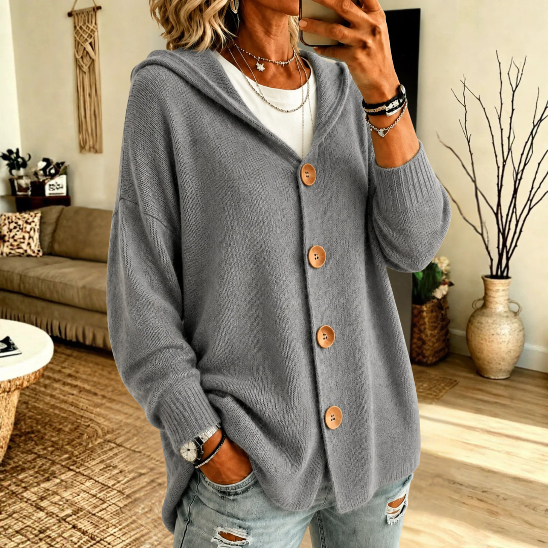 Mila Hooded Wooden-Button in Blue – Women's Cardigan